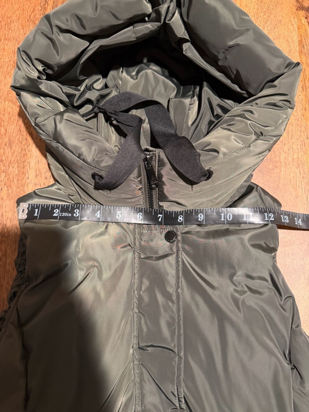 Sam Edelman Hooded Long Puffer Vest Dark Olive Green Small Adjustable Waist - S - Picture 11 of 16